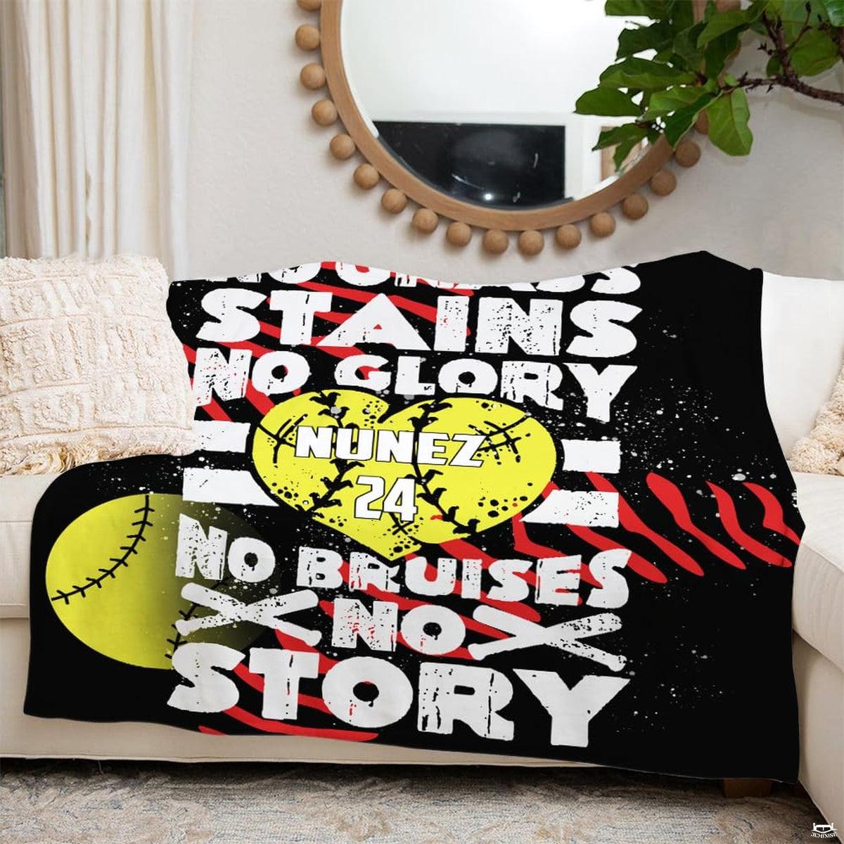Bedroom interior display showing motivational softball throw blanket styled on modern accent seating