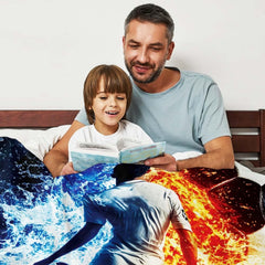 Dual element soccer textile draped across living room sofa