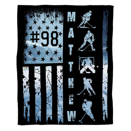 Graphic layout of ice hockey design with distressed American flag and player silhouettes on black ground.