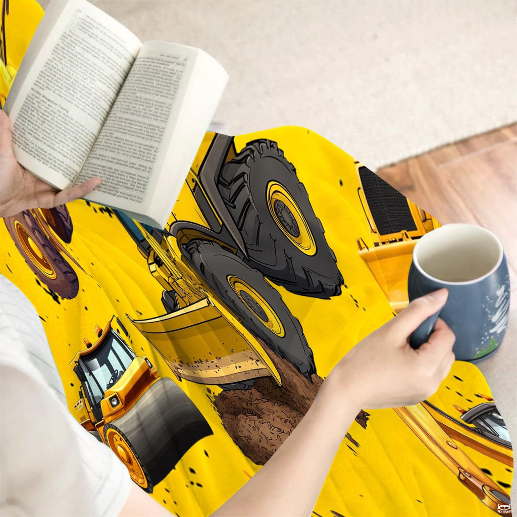 Yellow construction vehicles and caution hazard stripe border, view 3.