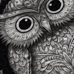 Detailed view of the monochrome owl artwork showing intricate mandala linework and etching.