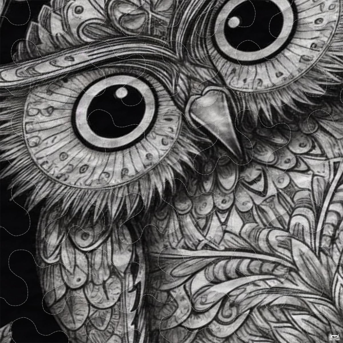 Detailed view of the monochrome owl artwork showing intricate mandala linework and etching.