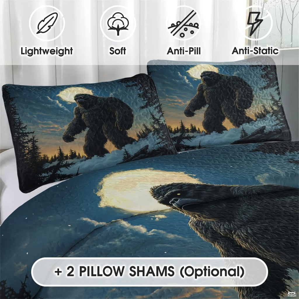 Evergreen tree silhouettes against amber sunset glow on rustic woodland bedding set.