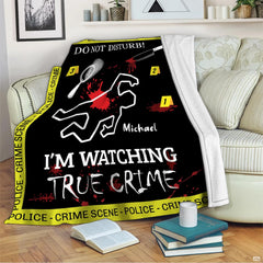 Flat view of true crime blanket displaying chalk silhouette, evidence markers, and knife