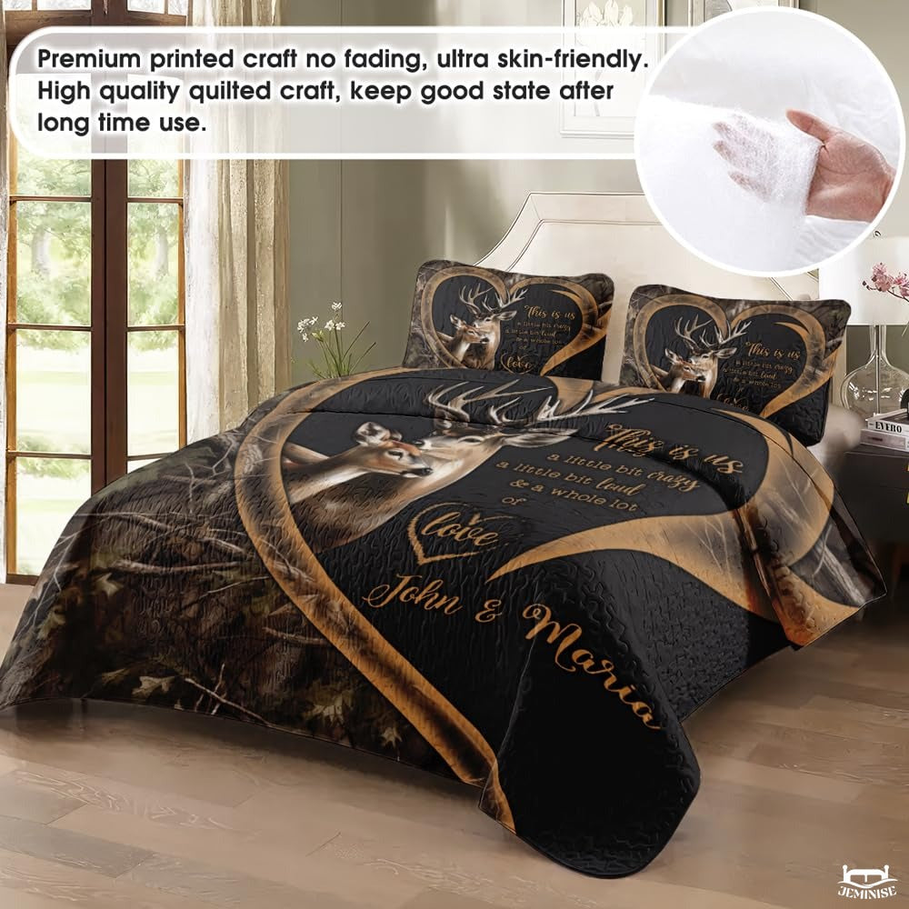 Personalized Deer Couple Inside Heart Frame Comforter with Buck