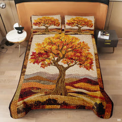 Side perspective of golden autumn tree bedding set accentuating woodland botanical artwork in natural bedroom lighting.