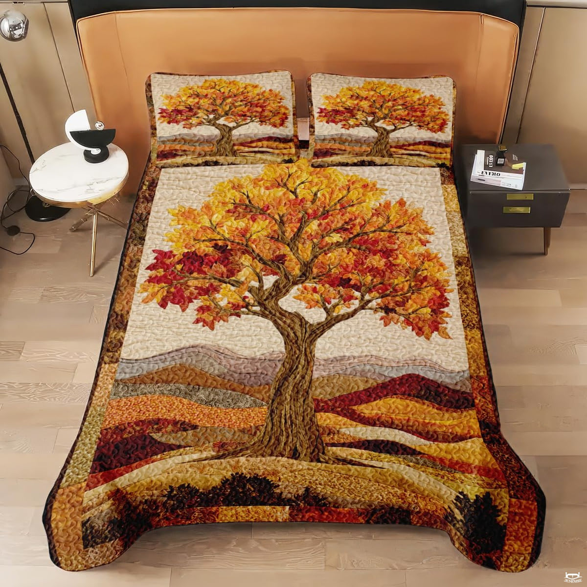 Side perspective of golden autumn tree bedding set accentuating woodland botanical artwork in natural bedroom lighting.