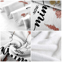 Overhead view of vintage flora and script details on crisp white bedding artwork.