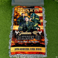 Flat layout of firefighter memorial blanket featuring American flag, firefighter portraits, and flame embers