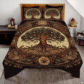 Tree of Life medallion bedding set displayed in an aesthetic bedroom design for men featuring rustic sepia tones.