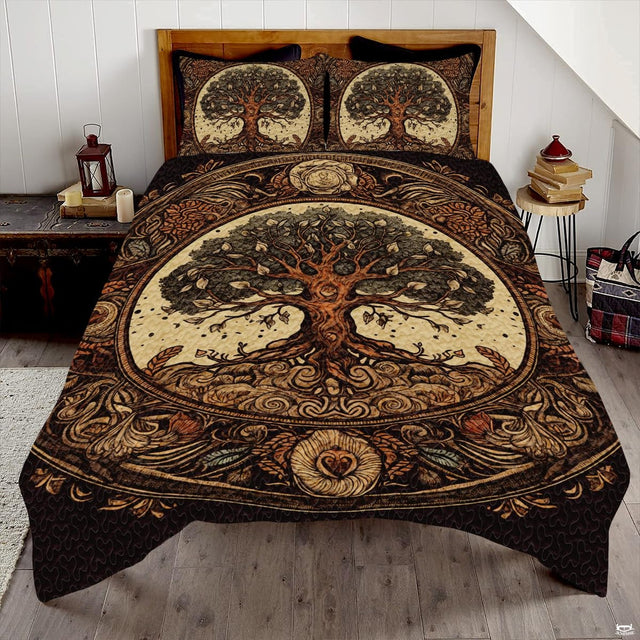 Tree of Life medallion bedding set displayed in an aesthetic bedroom design for men featuring rustic sepia tones.