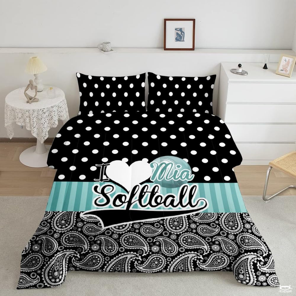 Sports Theme Softball Bedding – Premium Teal Yellow Comforter Set for Girls & Women, Cozy Decorative Bed Set for Softball Fans in Twin, Queen, King