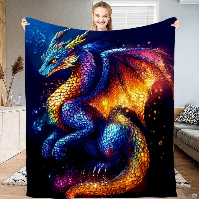 Mythical dragon bedding set featuring vibrant turquoise and cobalt blue iridescent scales against starry skies.