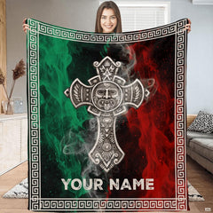 Aztec sun stone cross throw blanket featuring carved Mesoamerican cross on smoky tricolor background