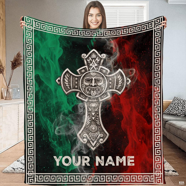 Aztec sun stone cross throw blanket featuring carved Mesoamerican cross on smoky tricolor background