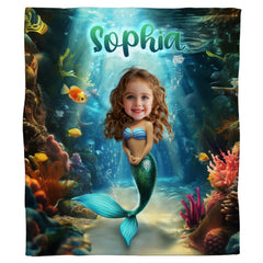 Full graphic layout of throw blanket featuring illustrated mermaid amidst sunlit turquoise coral ocean.
