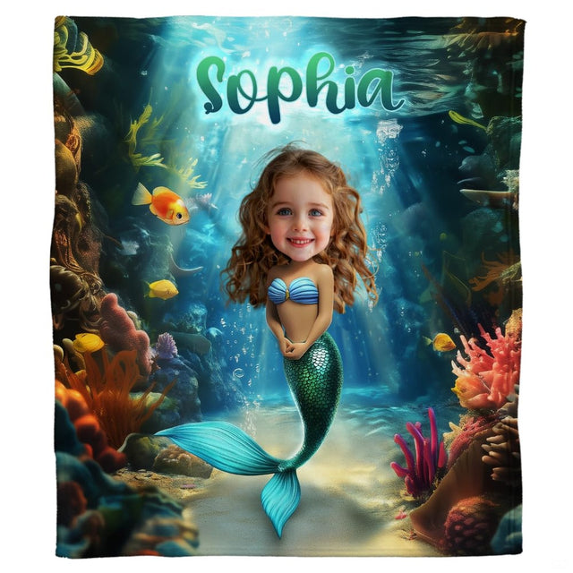 Full graphic layout of throw blanket featuring illustrated mermaid amidst sunlit turquoise coral ocean.