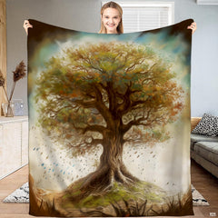 Celtic Tree of Life bedding set displaying majestic golden and green branches on a mossy hill.