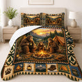 Rustic bedding set featuring a mythical forest ape family roasting marshmallows around a campfire at sunset