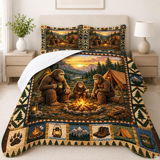 Rustic bedding set featuring a mythical forest ape family roasting marshmallows around a campfire at sunset