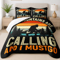 Retro Bigfoot bedding set showcasing a Sasquatch silhouette against striped sunset colors and pine trees.