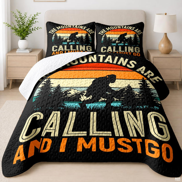 Retro Bigfoot bedding set showcasing a Sasquatch silhouette against striped sunset colors and pine trees.