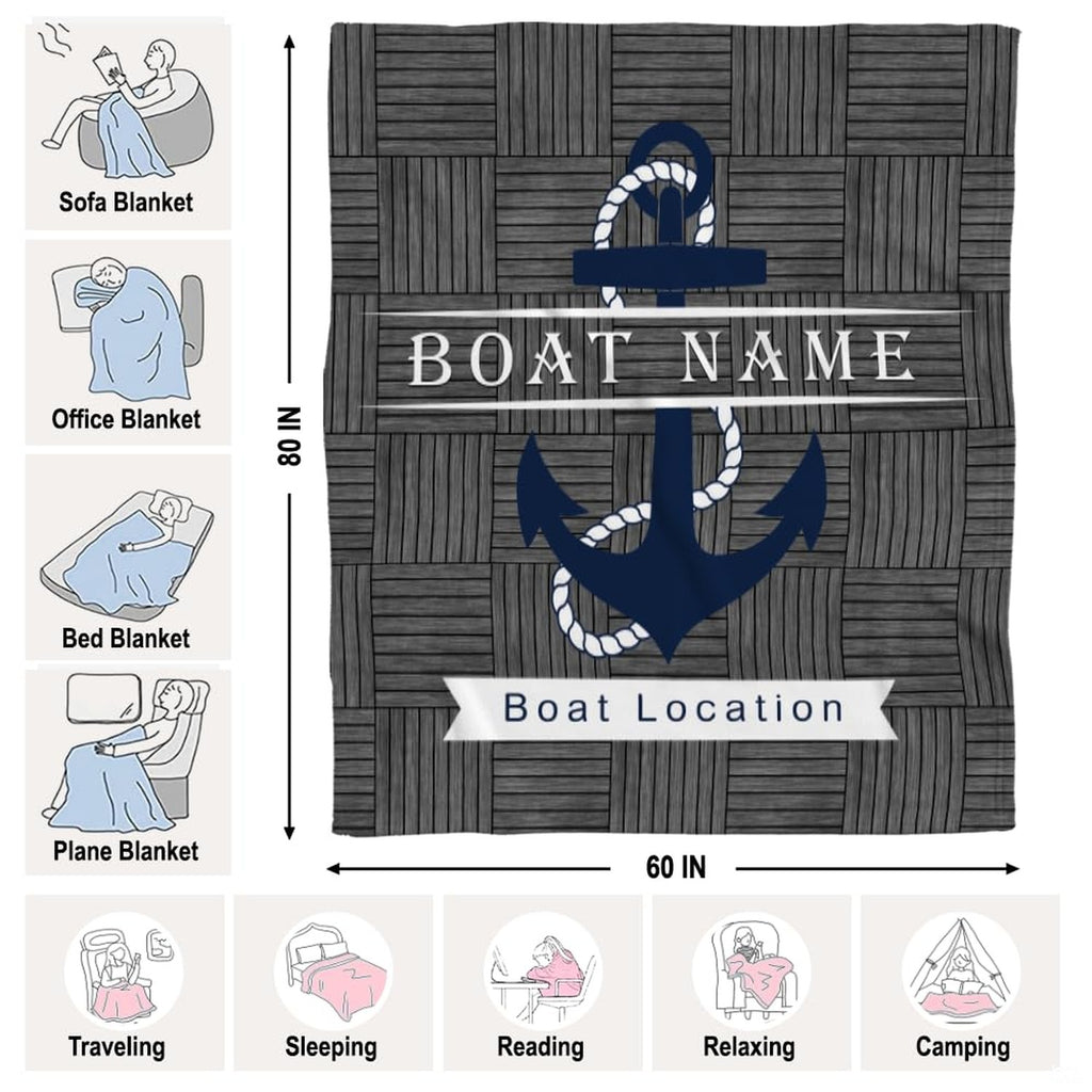 Nautical anchor rustic wood throw blanket view 7 highlighting navy anchor, rope trim, and wood textures