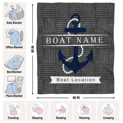 Nautical anchor rustic wood throw blanket view 7 highlighting navy anchor, rope trim, and wood textures