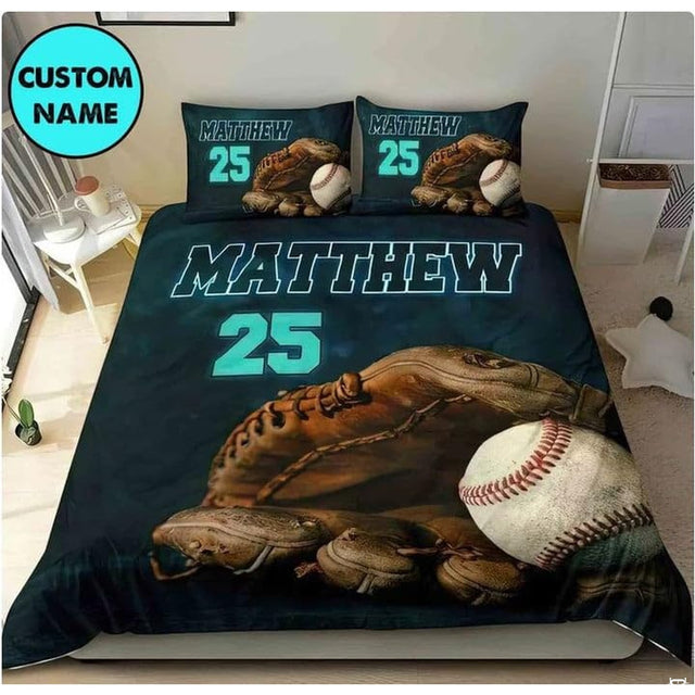 Close-up view of baseball bedding detailing realistic mitt texture, ball lacing, and glowing collegiate lettering