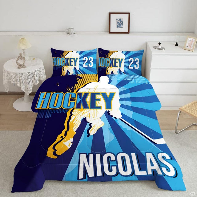 Ice hockey bedding featuring a skater silhouette and pop art sunburst rays on royal blue backdrop