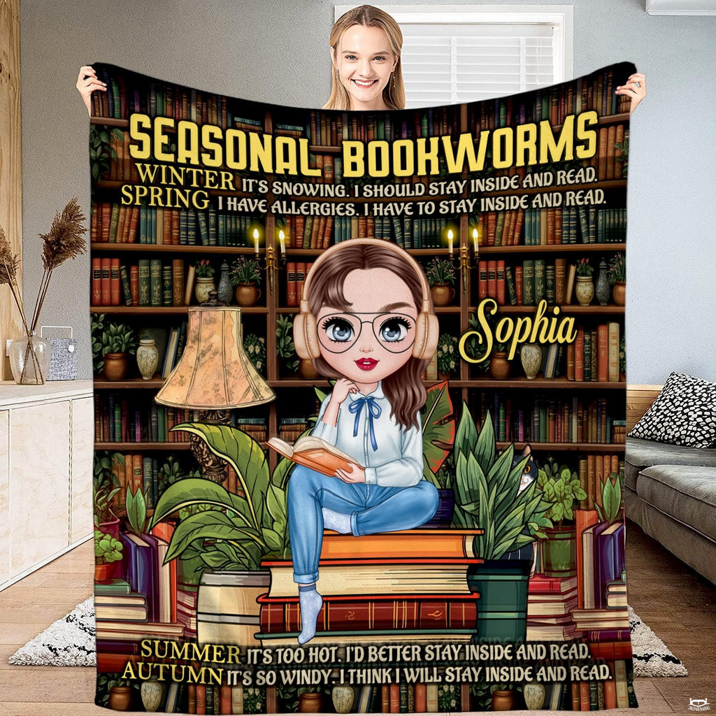 Personalized Seasonal Bookworms Sophia Reading Girl Throw Blanket