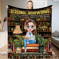 Personalized Seasonal Bookworms Sophia Reading Girl Throw Blanket