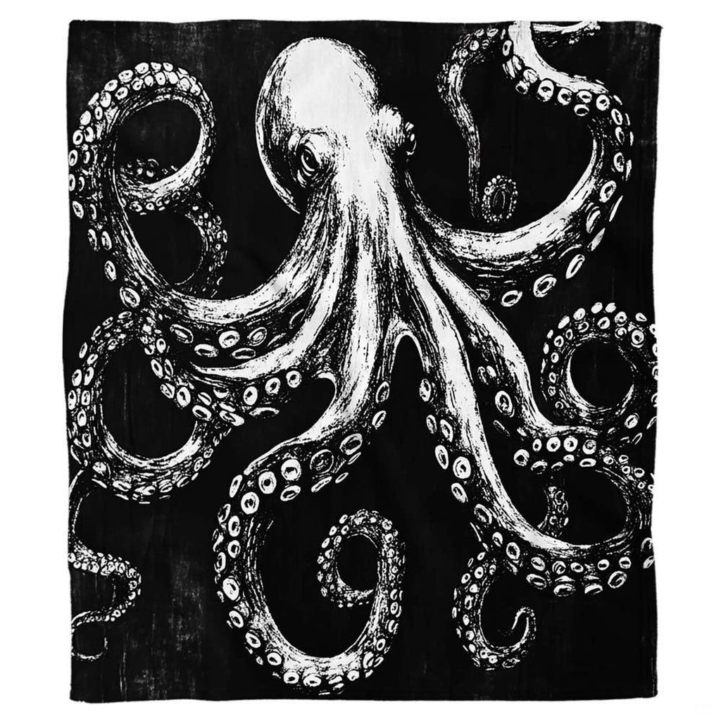 Monochrome black and white giant kraken octopus design on black.