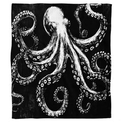 Monochrome black and white giant kraken octopus design on black.