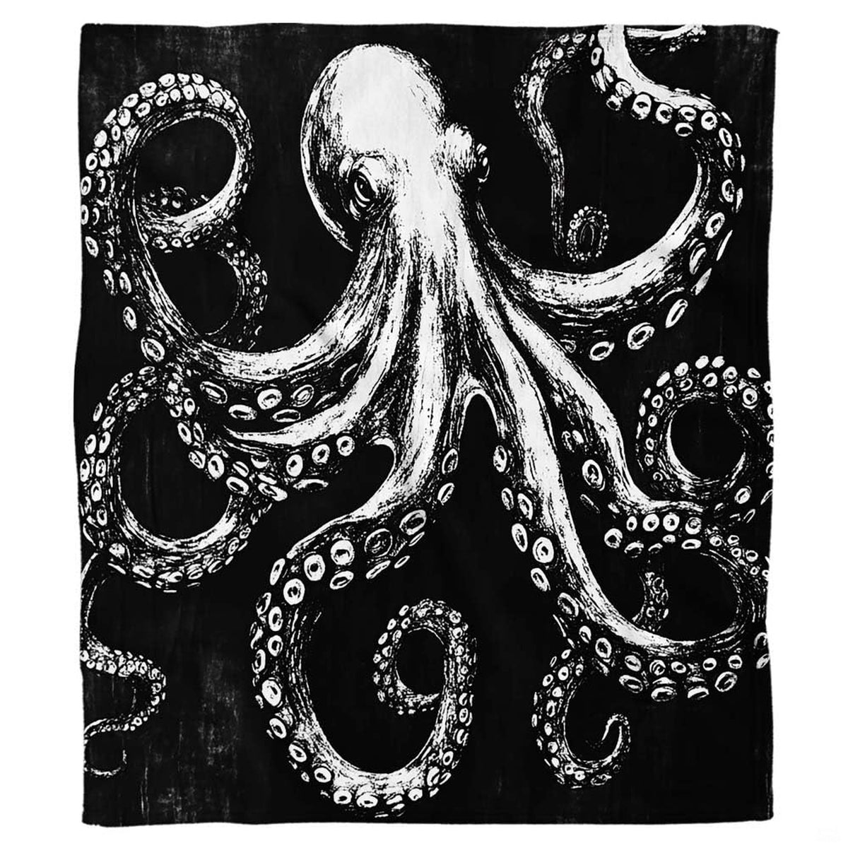 Monochrome black and white giant kraken octopus design on black.