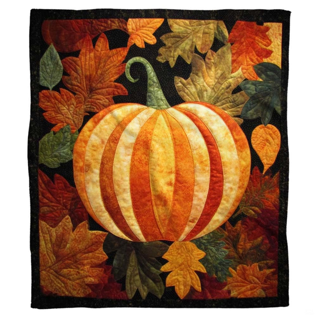 Autumn quilted patchwork pumpkin throw blanket held open by woman