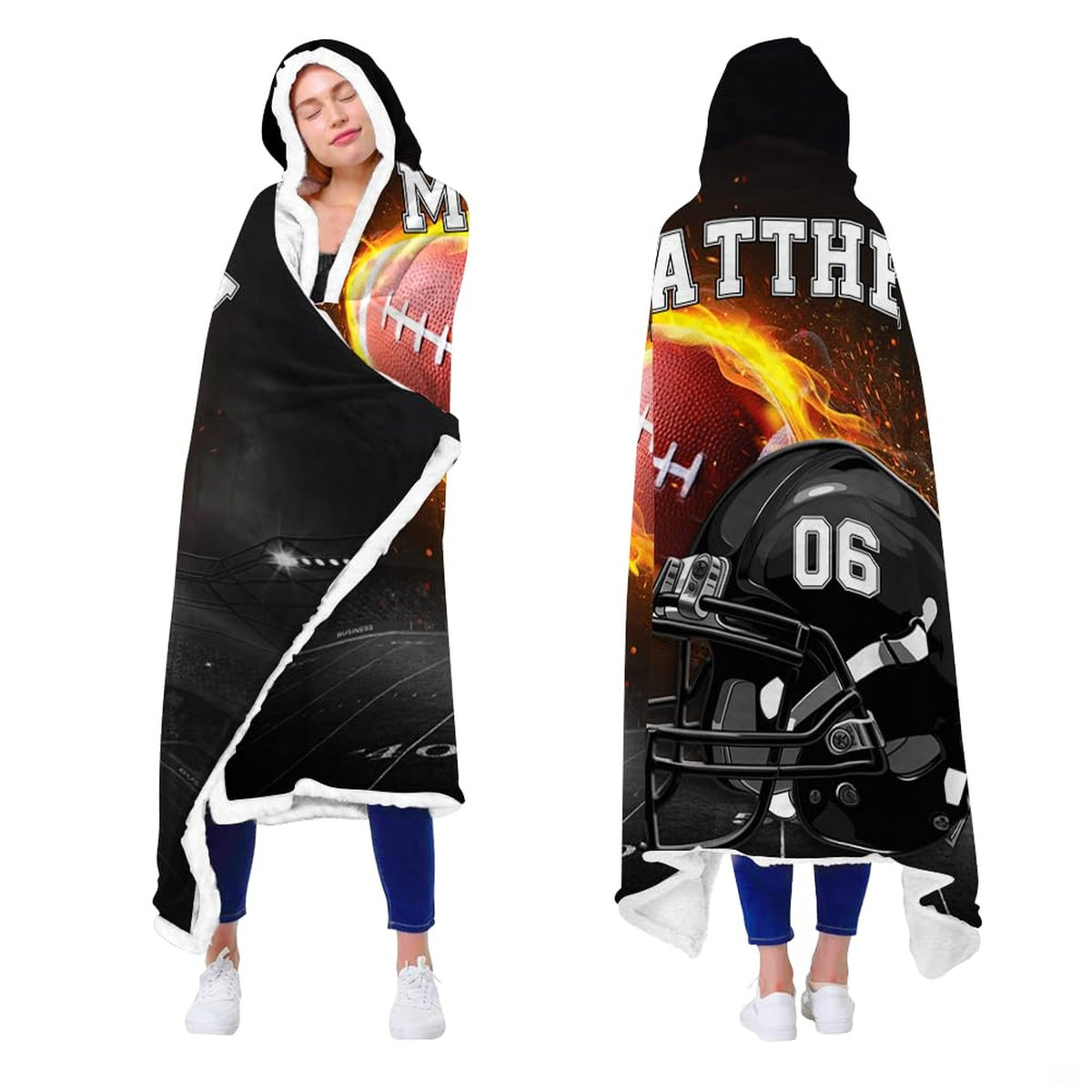 Close up of flaming football helmet throw blanket highlighting fiery orange flames and glossy helmet