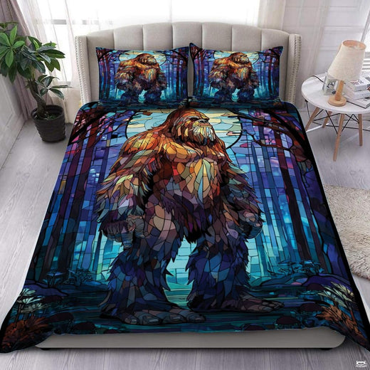 Turquoise and burgundy bigfoot silhouette bedding set showing a cryptid sasquatch walking across vivid horizon bands.