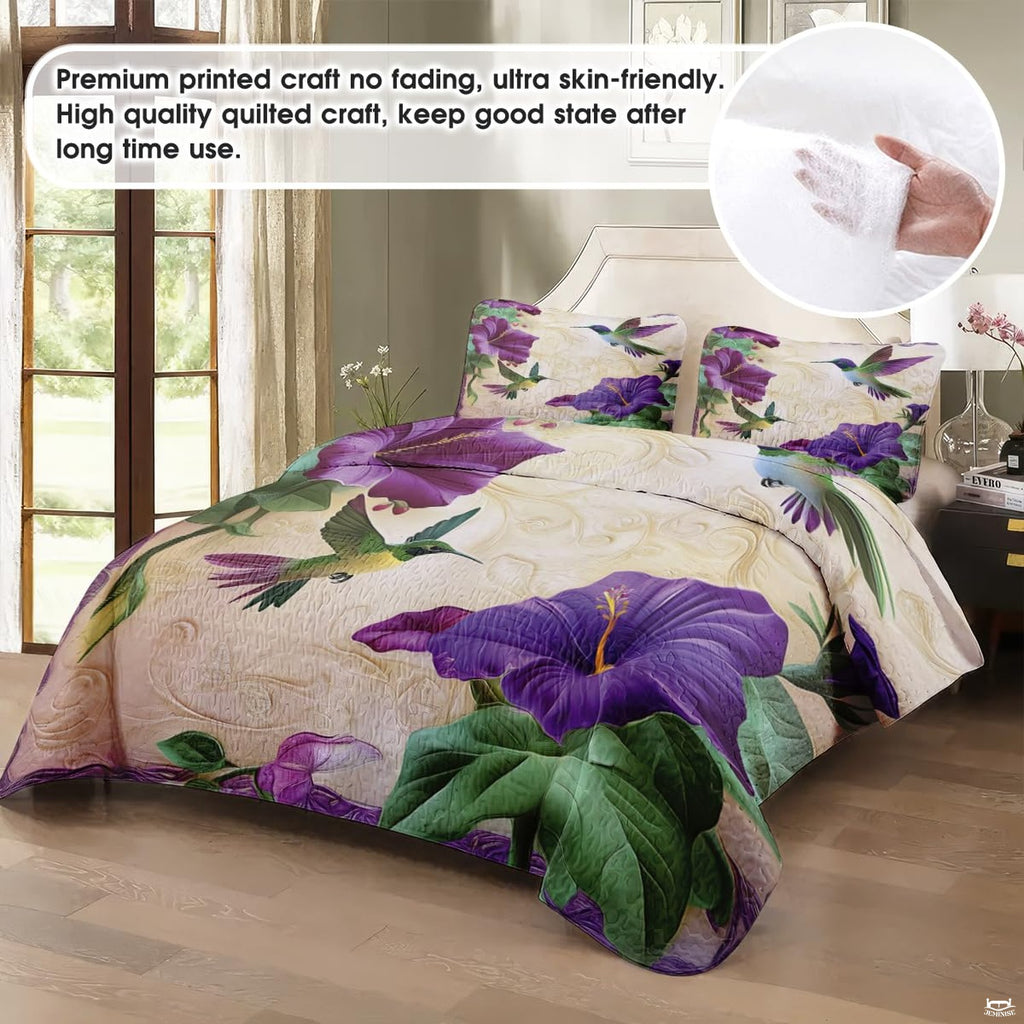 Purple bird bedding in a softly lit bedroom