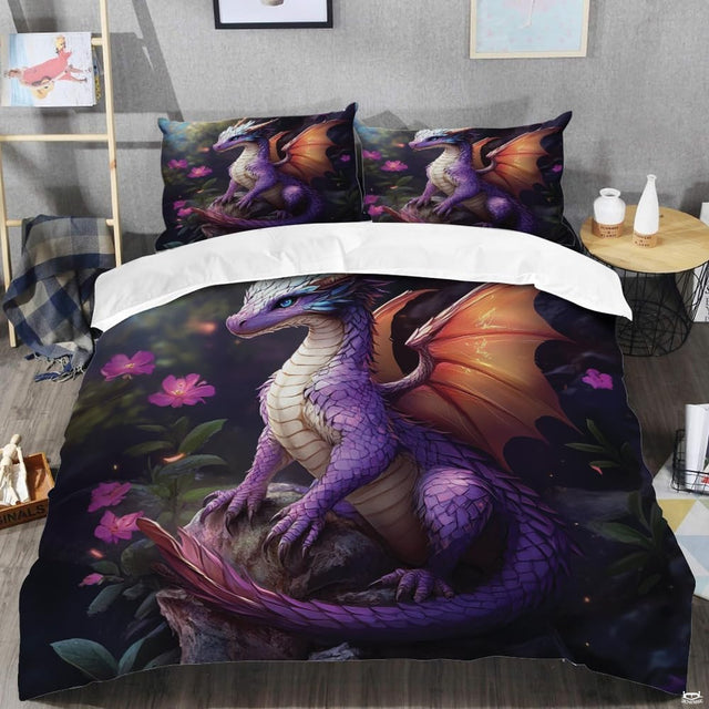 Lavender dragon bedding shown in a modern bedroom