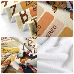 Bedroom lifestyle setting showing the inspirational student blanket styled over a bed.