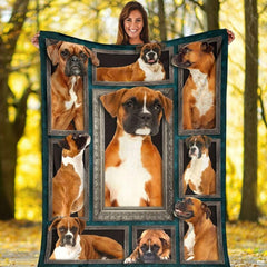 Outdoor view of a model holding up the full Fawn Boxer Dog gallery throw blanket.