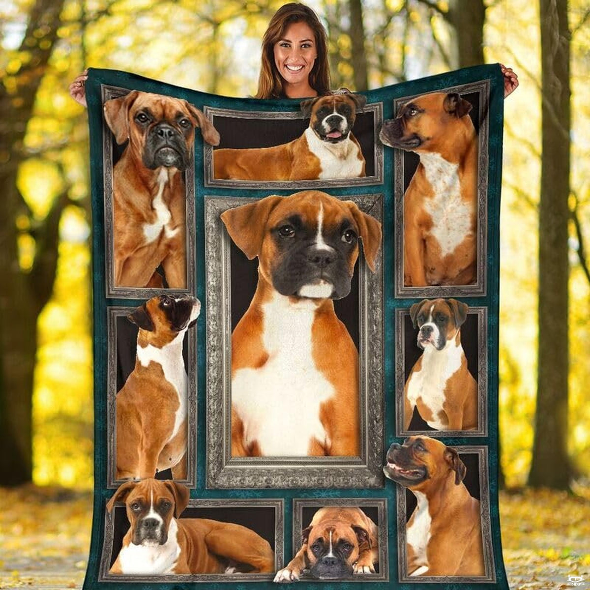 Outdoor view of a model holding up the full Fawn Boxer Dog gallery throw blanket.