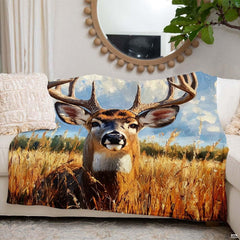 Side perspective of woodland buck in grassland art display on deer print bedding set boy room decor.