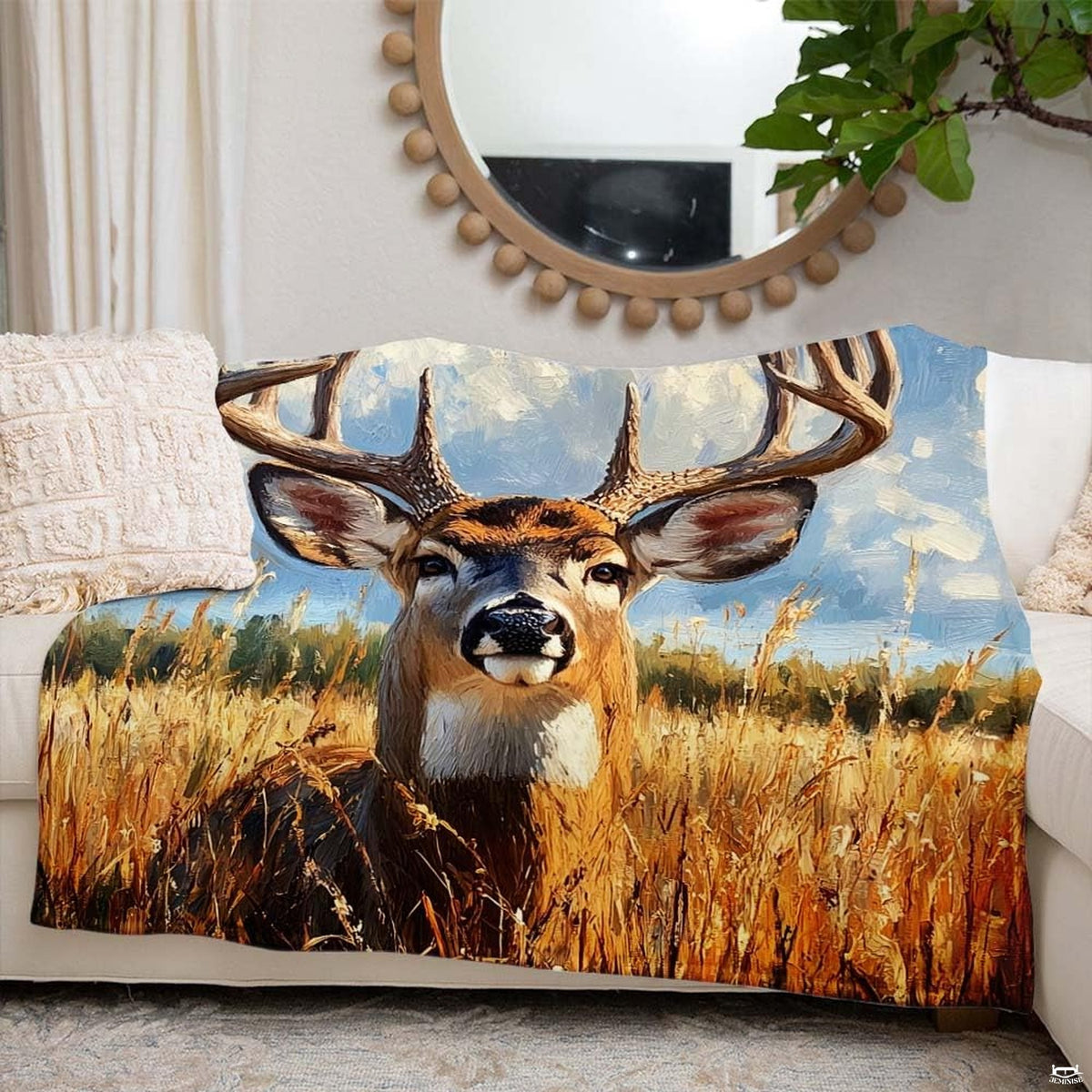 Side perspective of woodland buck in grassland art display on deer print bedding set boy room decor.