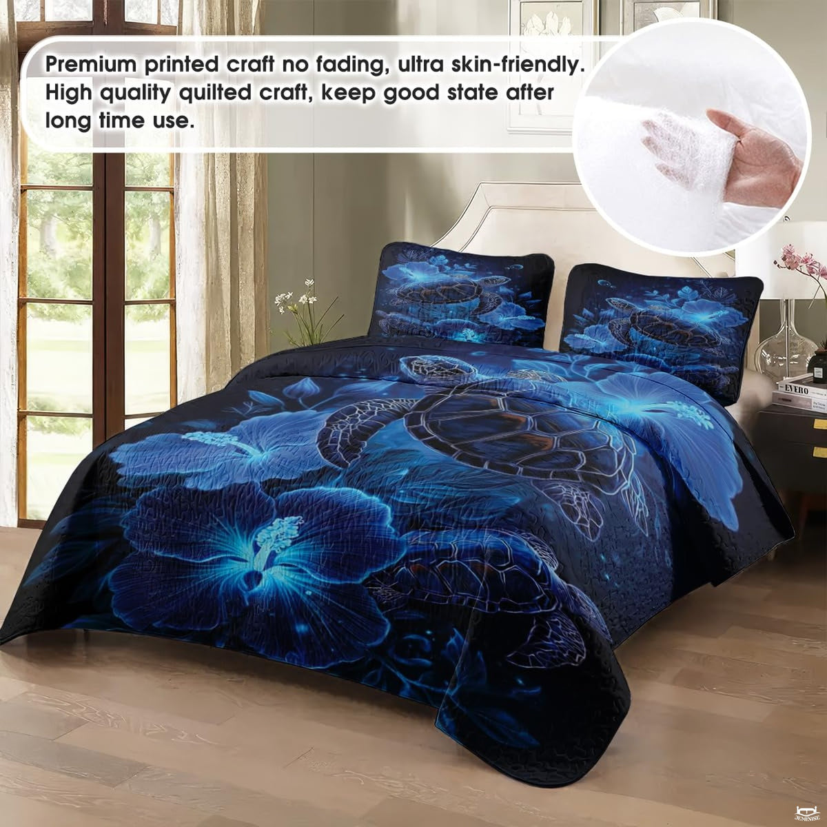 Close-up view of turtle bedding showcasing intricate Polynesian tribal motifs and azure blue tones