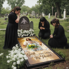 Folded religious memorial throw blanket showcasing the floral portrait and flying doves