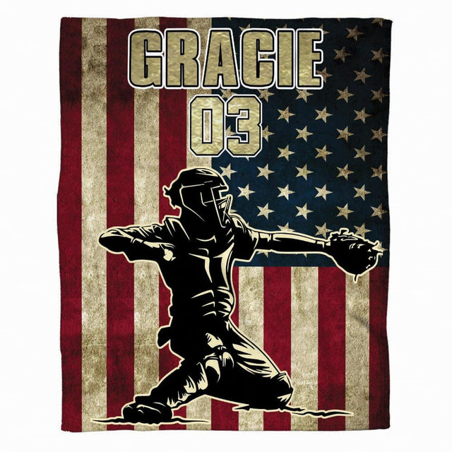 Front full perspective of patriotic catcher throw blanket showing catcher silhouette over vintage American flag