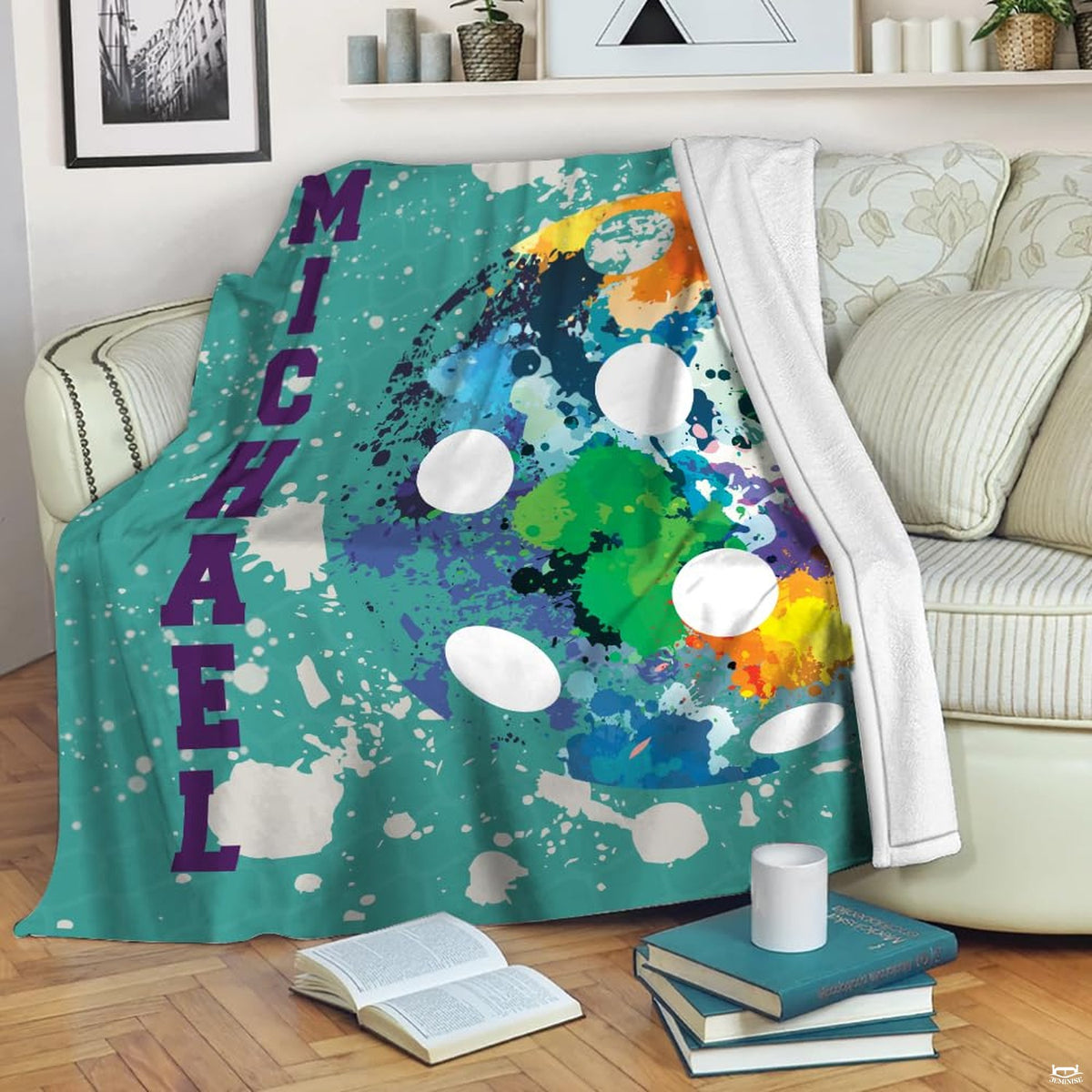 Pickleball art bedding set featuring colorful paint splatters and athletic collegiate lettering.