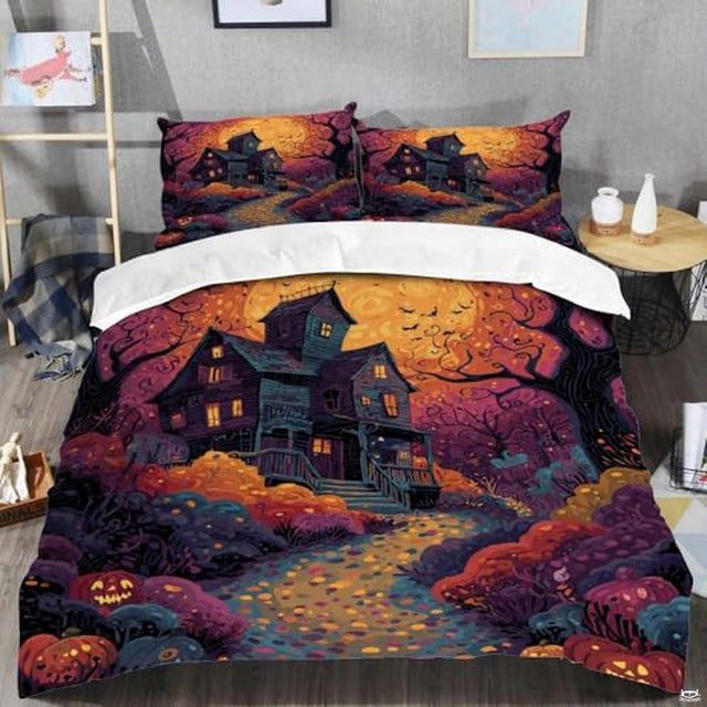 Angled bedroom setup showing bed styled with colorful Halloween haunted manor bedding.